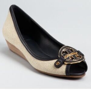 Tory Burch Beige and Black Peep-Toe Wedge
